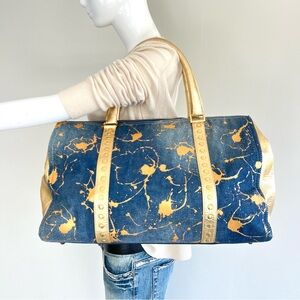 JUNIOR DRAKE Gold Leather Blue Denim Studded Large Travel Shopping Shoulder Tote
